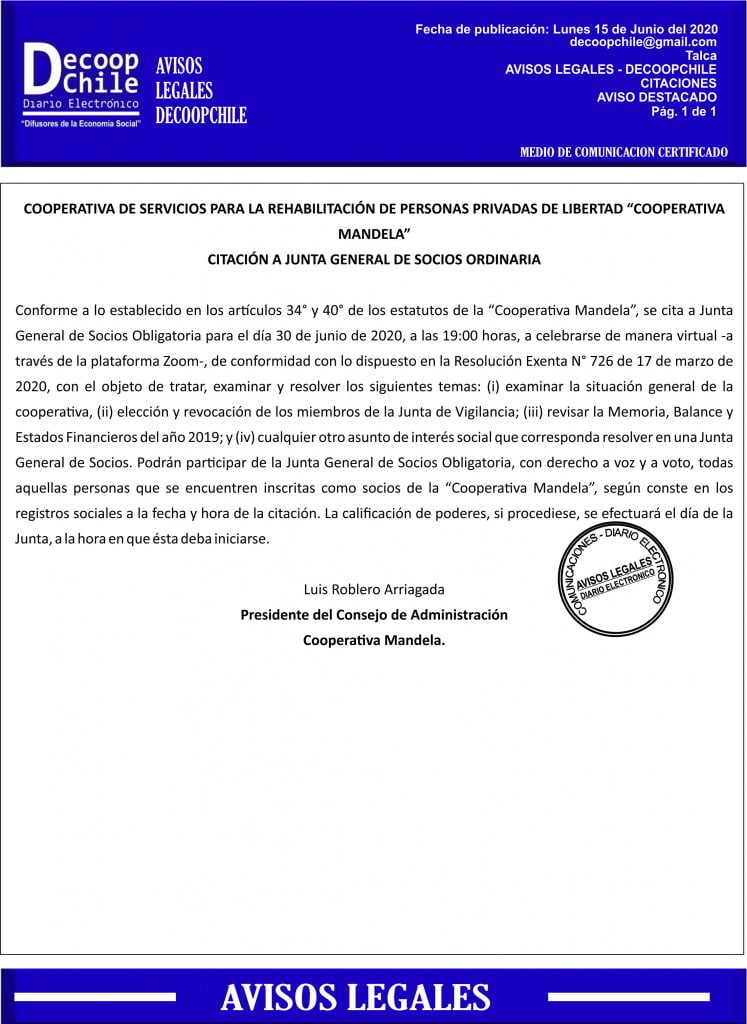 Junta General de Socios Cooperativa de Servicios para la Rehabilitación de Personas Privadas de Libertad “Cooperativa Mandela” item-thumbnail