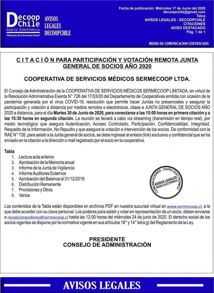 Junta General de Socios Cooperativa de Servicios Médicos Sermecoop Ltda. item-thumbnail