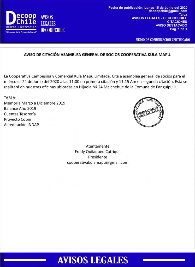 Junta General de Socios de la Cooperativa Campesina y Comercial Küla Mapu Limitada item-thumbnail