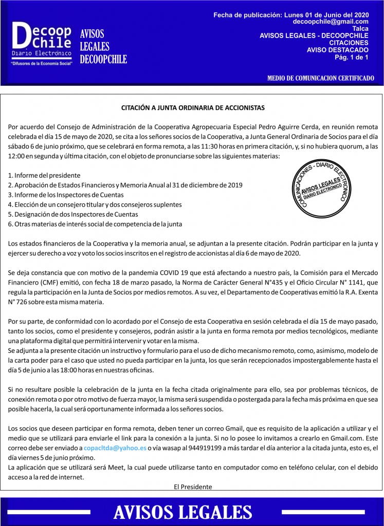 Junta General de Accionistas de la Cooperativa Agropecuaria Especial Pedro Aguirre Cerda. item-thumbnail