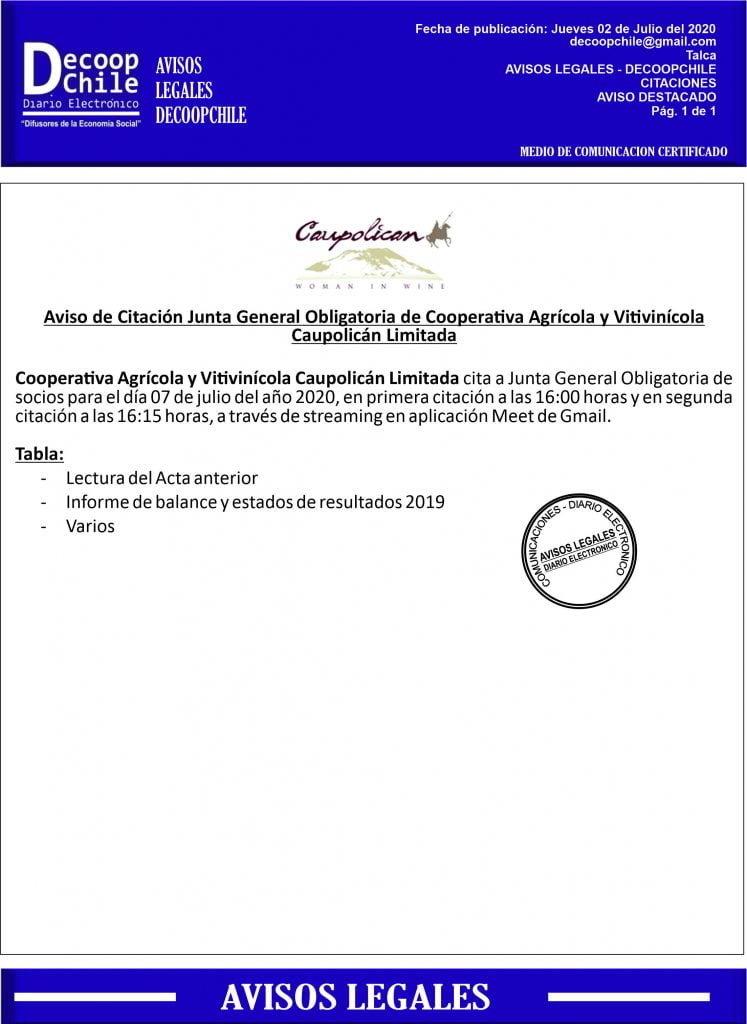 Citación Junta General Obligatoria de Cooperativa Agrícola y Vitivinícola Caupolicán Limitada item-thumbnail