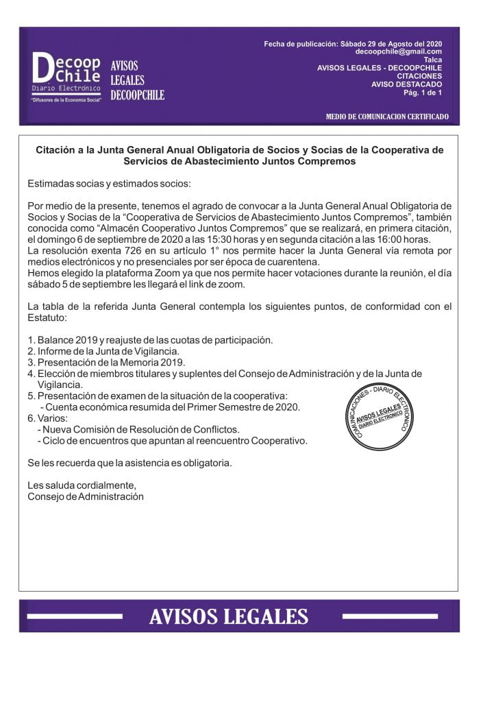Citación Junta General Cooperativa de Servicios de Abastecimiento Juntos Compremos. item-thumbnail