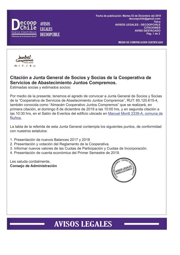 Junta General de Socios: Cooperativa de Servicios de Abastecimiento Juntos Compremos. item-thumbnail