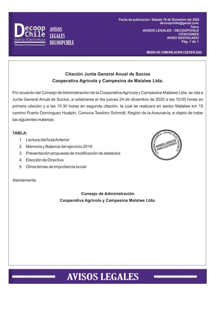 Junta General Anual de Socios Cooperativa Agrícola y Campesina Malalwe Ltda item-thumbnail