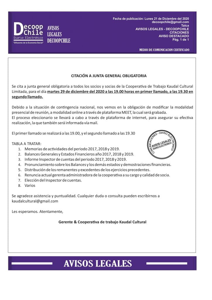 Junta General Obligatoria Cooperativa de Trabajo Kaudal Ltda. item-thumbnail