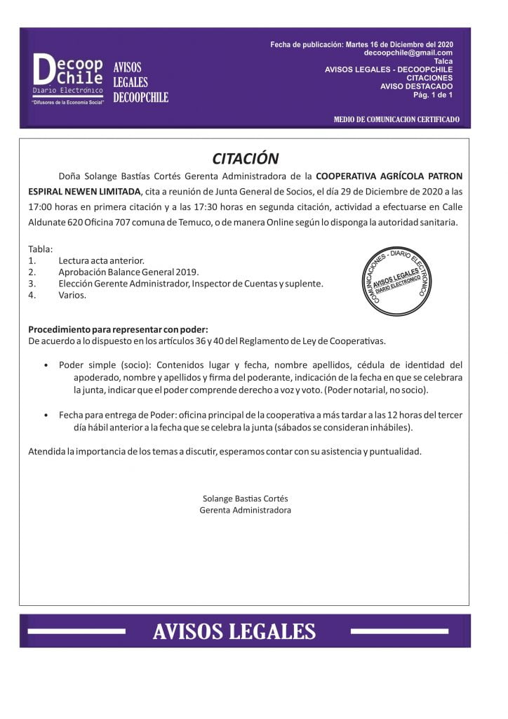 Citación Junta General Cooperativa Agrícola Patron Espiral Newen Limitada. item-thumbnail