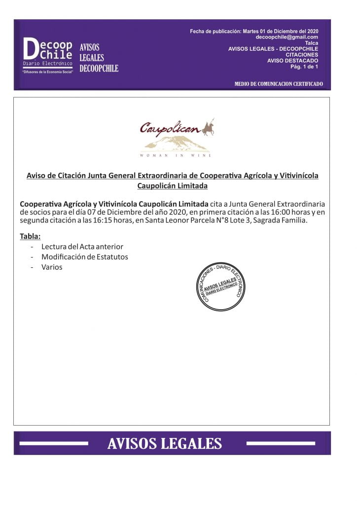 Citación Junta General Extraordinaria de Cooperativa Agrícola y Vitivinícola Caupolicán Limitada item-thumbnail