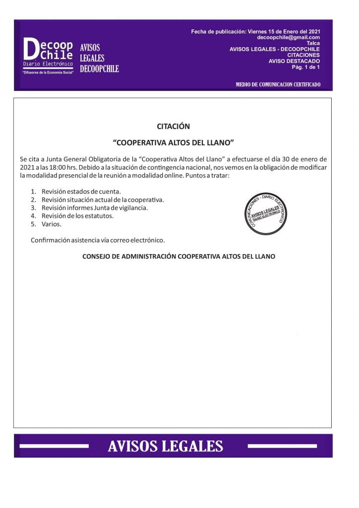 Junta General Obligatoria Cooperativa Altos del Llano. item-thumbnail