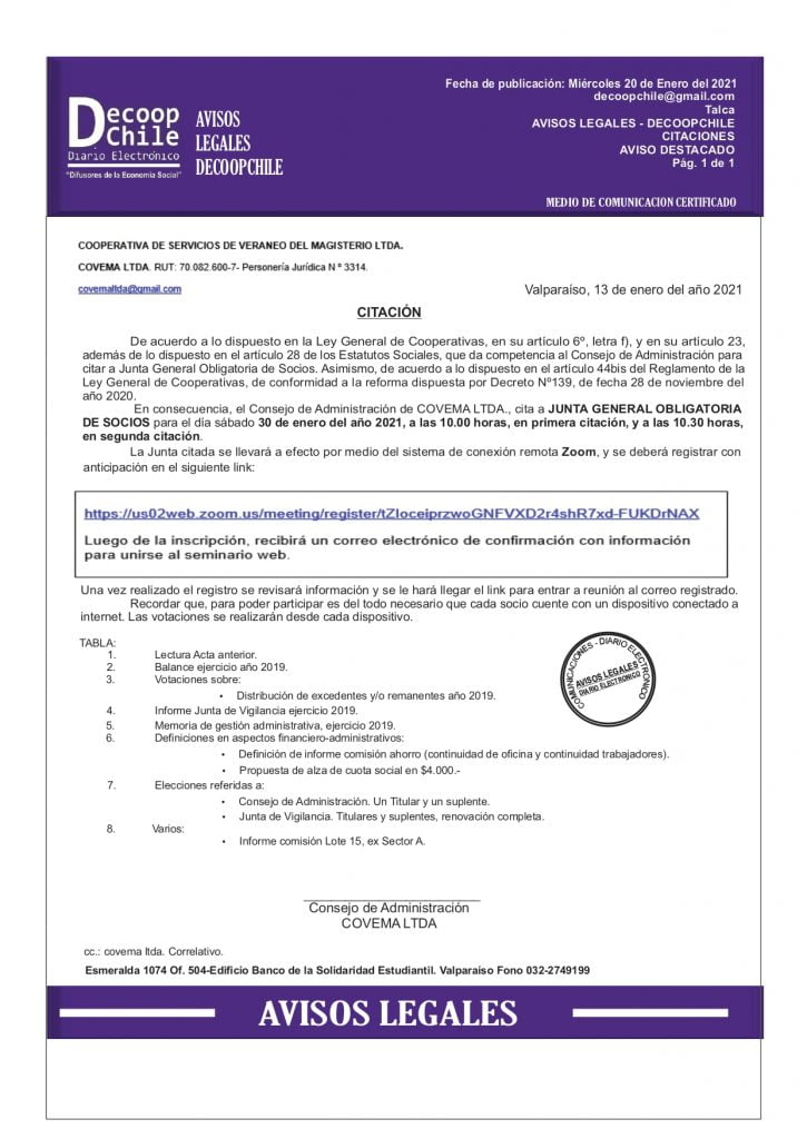Citación Junta General Obligatoria de Socios Covema Ltda. item-thumbnail