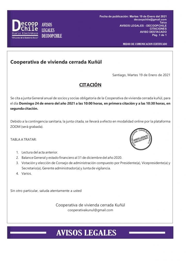 Citación Junta General de la Cooperativa de Vivienda Cerrada Kuñül. item-thumbnail