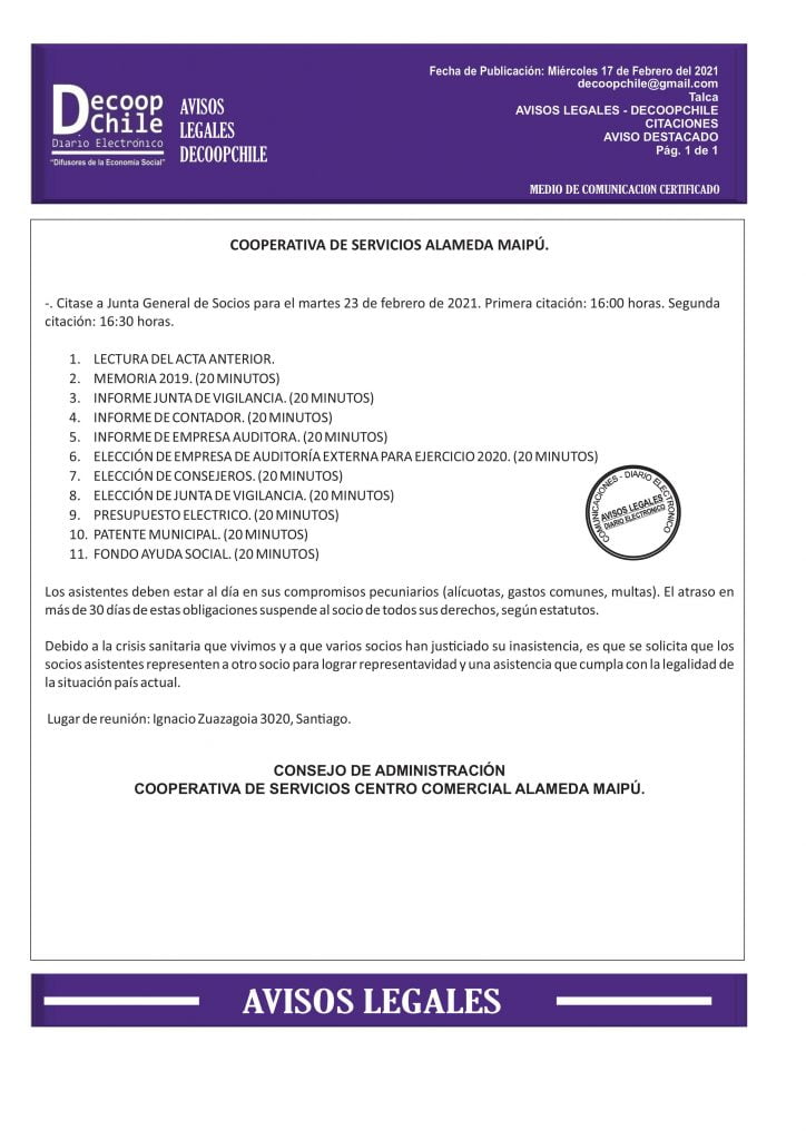 Citación Junta General de Socios Cooperativa de Servicios Alameda Maipú item-thumbnail