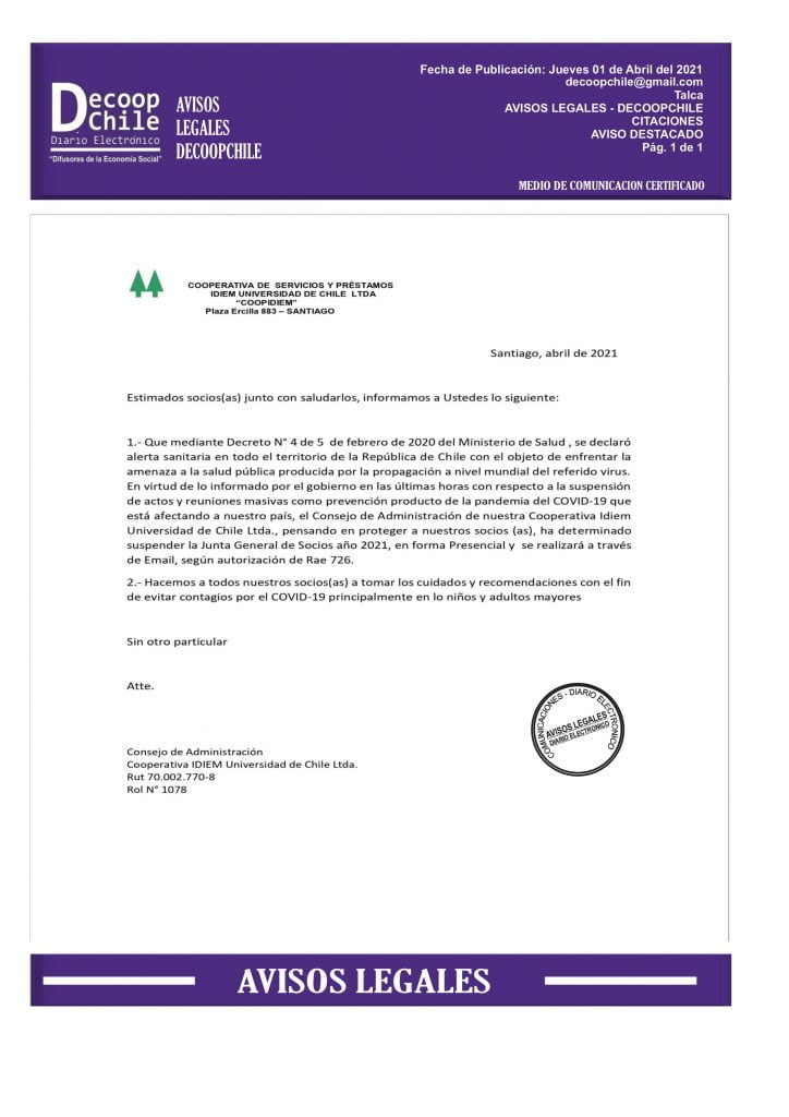Comunicado, Cooperativa de Servicios y Préstamos Idiem Universidad de Chile Ltda. item-thumbnail