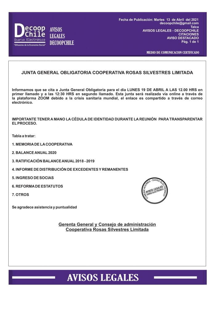 Citación Junta General Obligatoria Cooperativa Rosas Silvestres Ltda. item-thumbnail