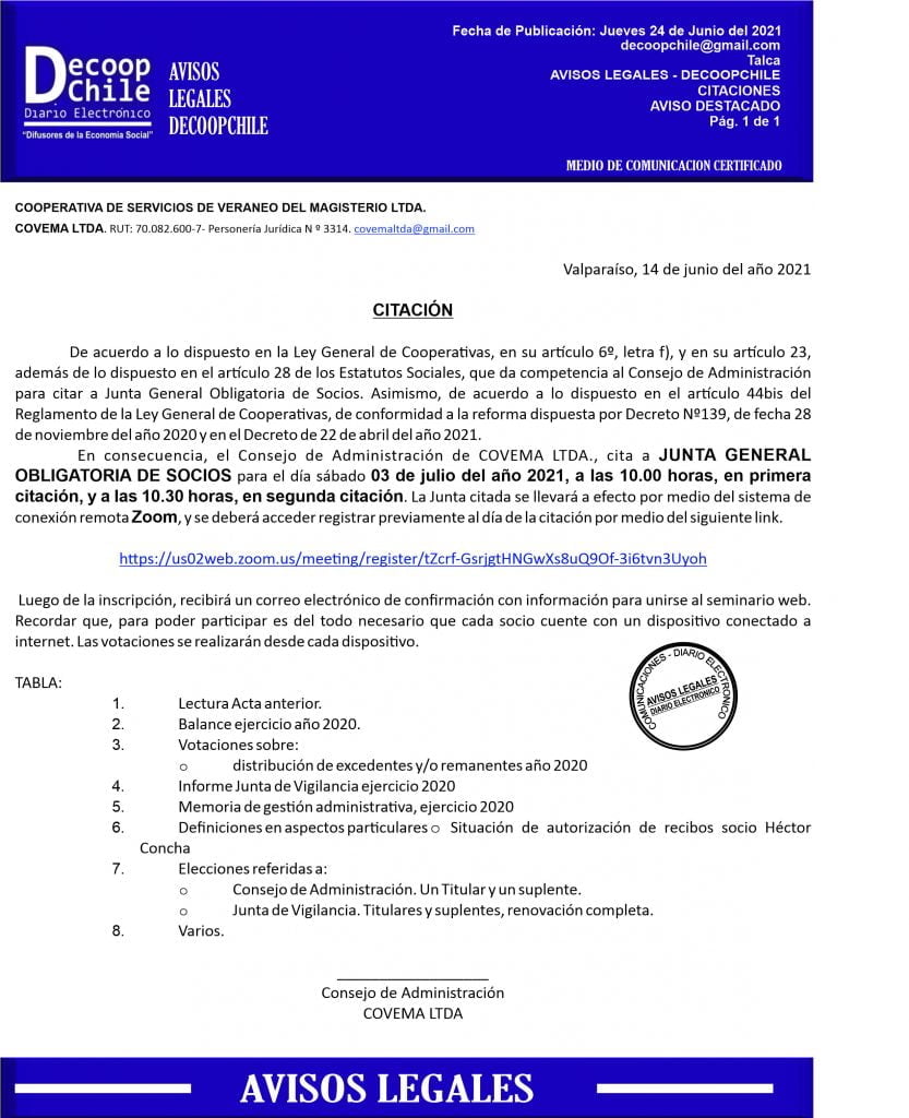 Citación Junta General Obligatoria de Socios Covema Ltda. item-thumbnail