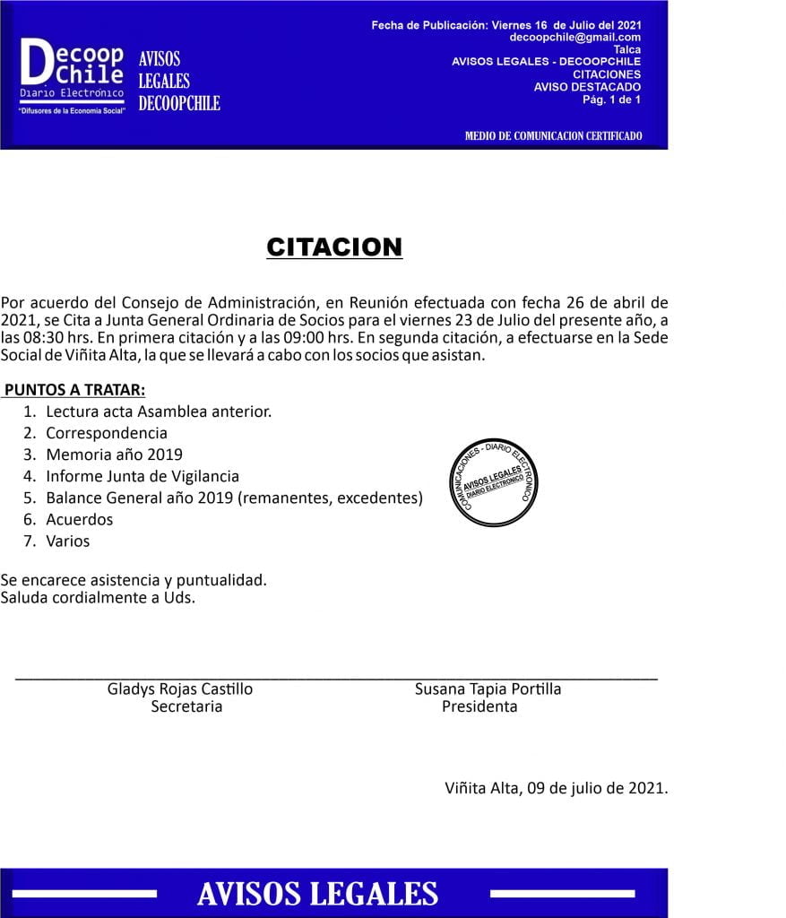 Citación Junta General de Socios Cooperativa La Viñita item-thumbnail