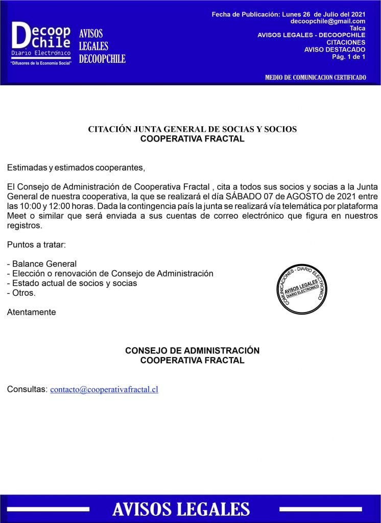 Citación Junta General de Socios Cooperativa Fractal item-thumbnail