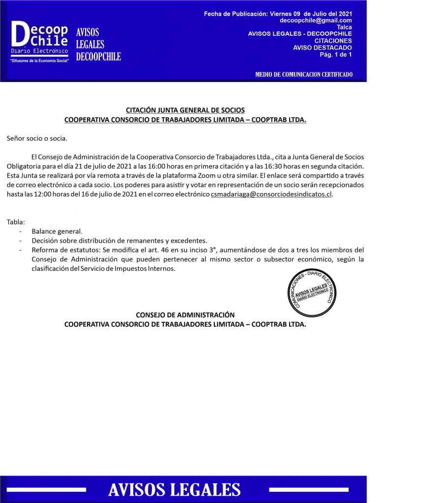 Citación Junta General de Socios Cooperativa de Consorcio de Trabajadores Ltda. item-thumbnail