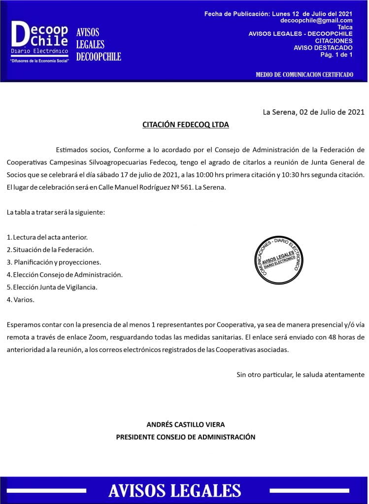 Citación Junta General de Socios Federación de Cooperativas Campesinas Silvoagropecuarias Fedecoq item-thumbnail