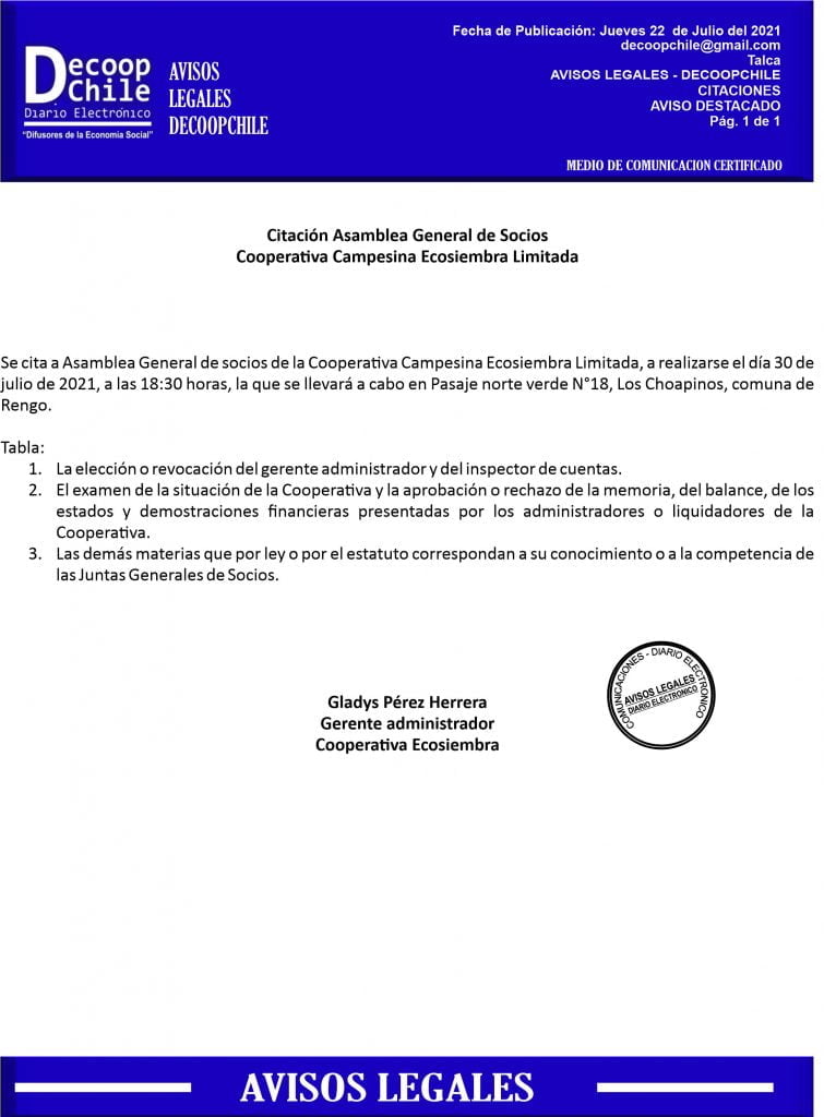 Citación Junta General de Socios Cooperativa Campesina Ecosiembra Ltda. item-thumbnail