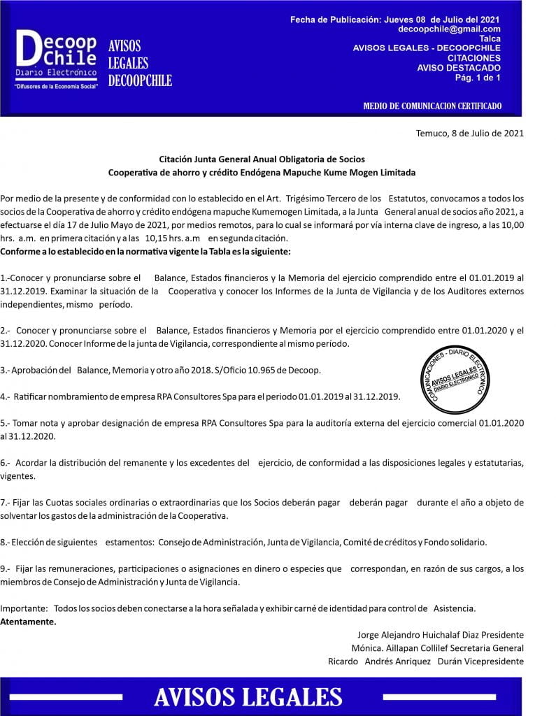 Citación Junta General de Socios Cooperativa Kume Mogen Ltda. item-thumbnail