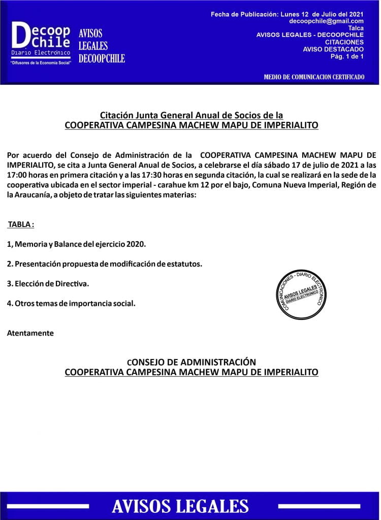 Citación Junta General de Socios Cooperativa Campesina Machew Mapu de Imperialito. item-thumbnail