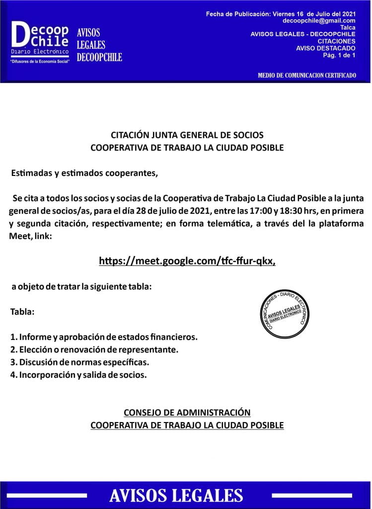 Citación Junta General de Socios Cooperativa La Ciudad Posible item-thumbnail