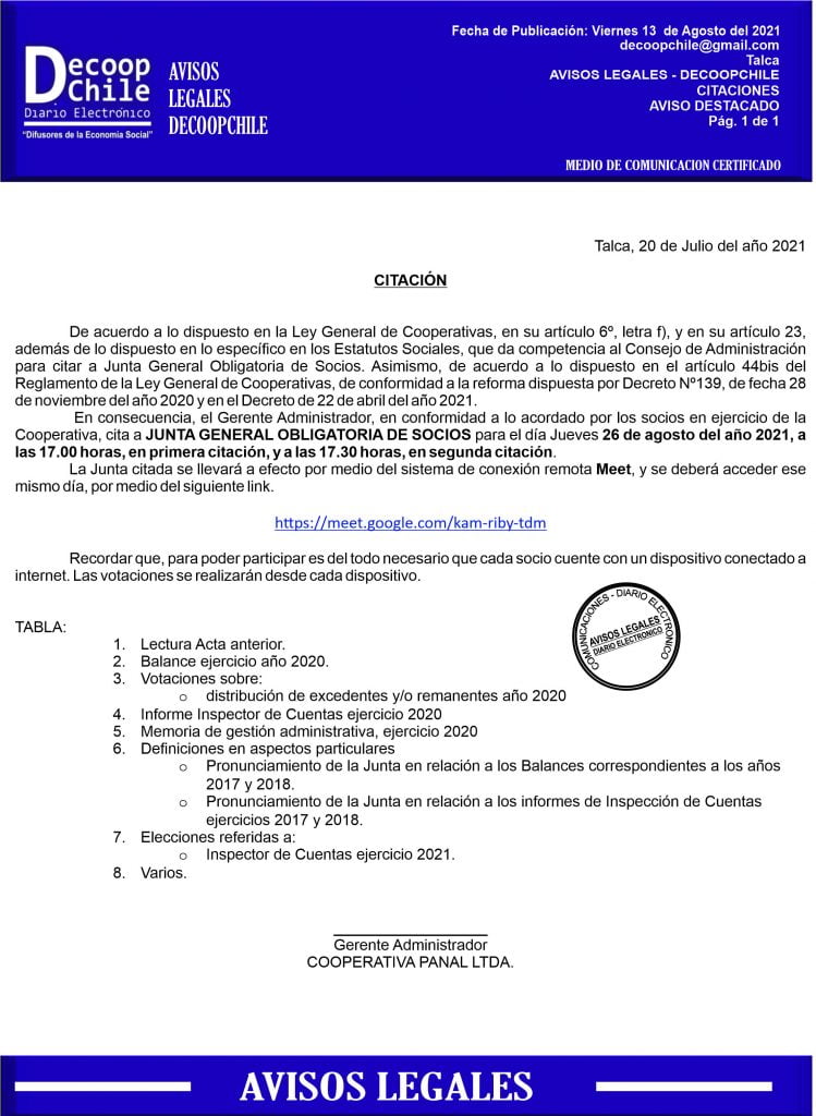 Citación Junta General de Socios Cooperativa Panal. item-thumbnail