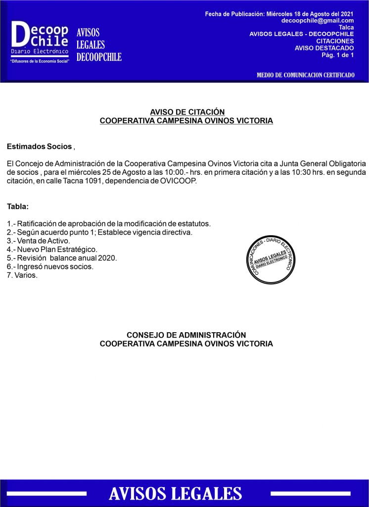Citación Junta General de Socios Cooperativa Campesina Ovinos Victoria item-thumbnail