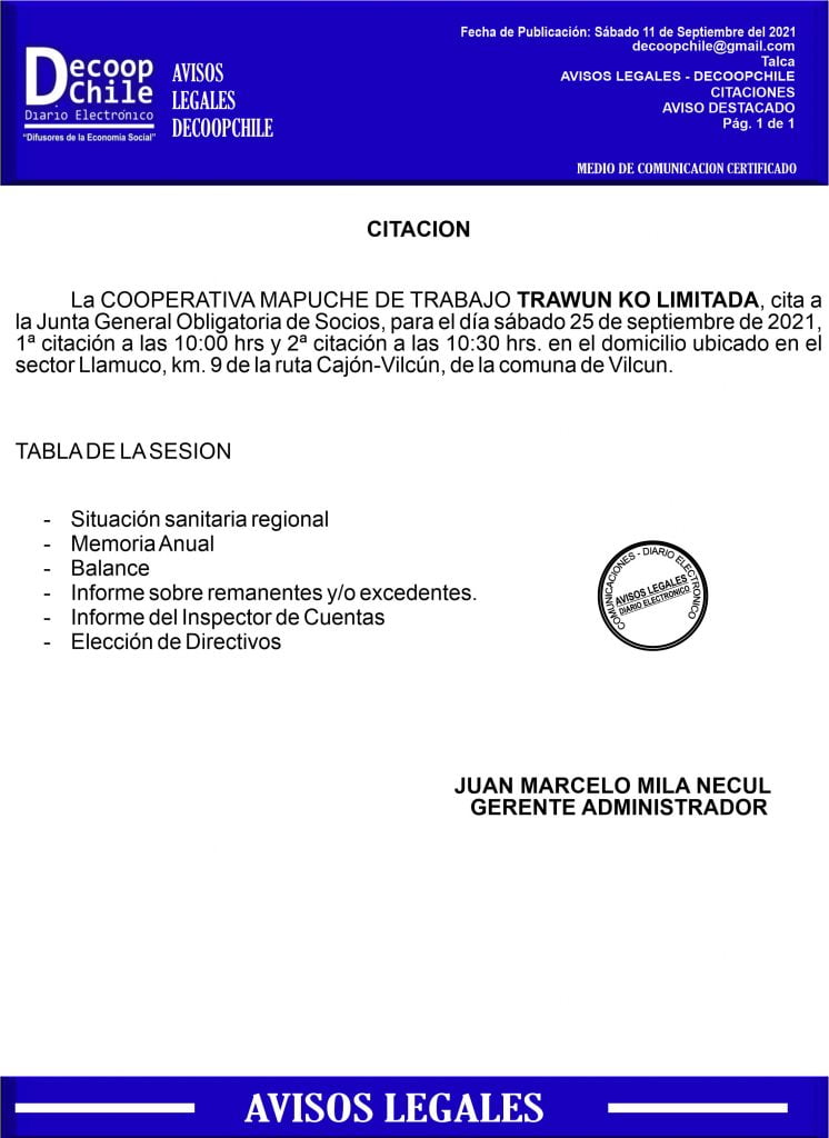 Citación Junta General Obligatoria de Socios Cooperativa Mapuche de Trabajo Trawun Ko Ltda. item-thumbnail