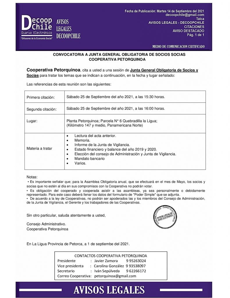 Citación Junta General de Socios Cooperativa Petorquinoa item-thumbnail