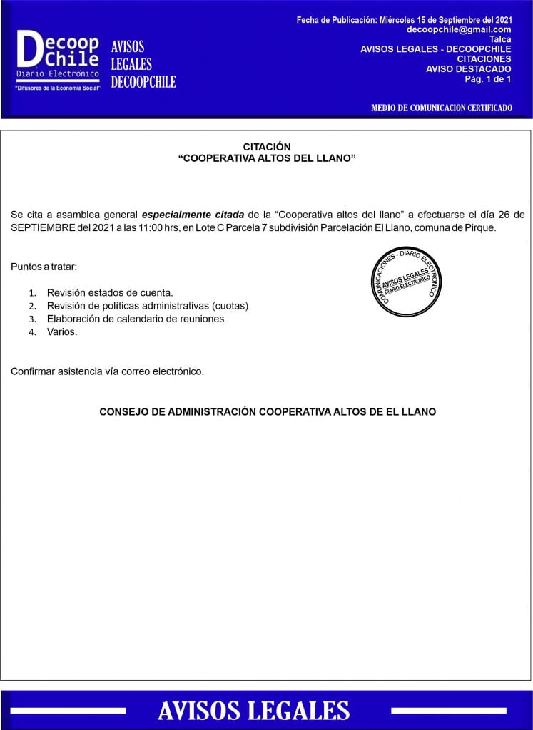 Citación Junta General de Socios Especialmente Citada Cooperativa Altos del Llano item-thumbnail