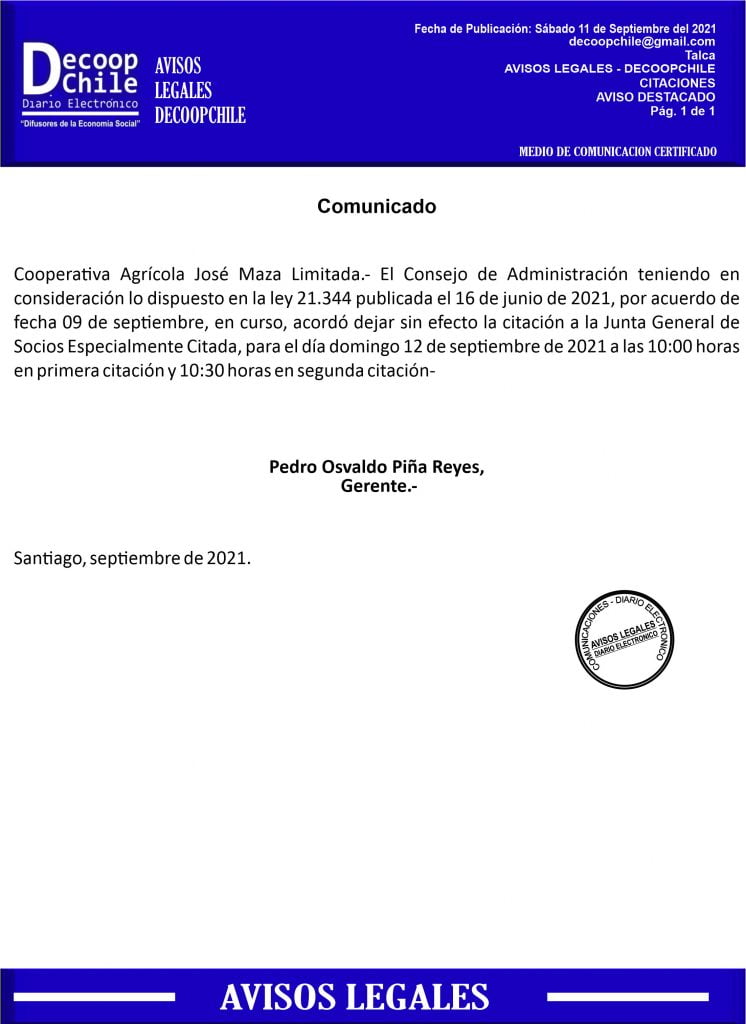 Comunicado: Se Suspende Junta General de Socios Especialmente citada Cooperativa Agrícola José Maza item-thumbnail