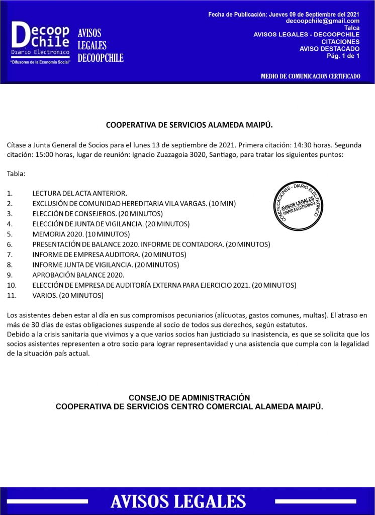 Citación Junta General de Socios Cooperativa Alameda Maipú item-thumbnail
