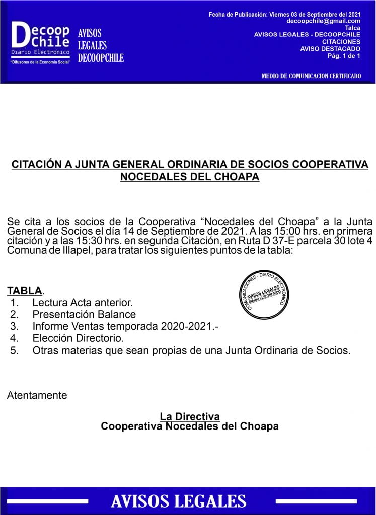 Citación Junta General de Socios Cooperativa Nocedales del Choapa item-thumbnail