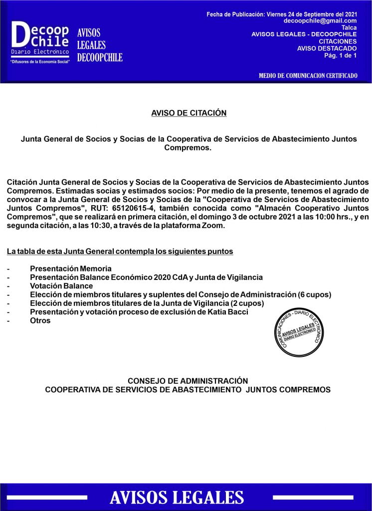 Citación Junta General de Socios Cooperativa de Servicios de Abastecimiento Juntos Compremos item-thumbnail