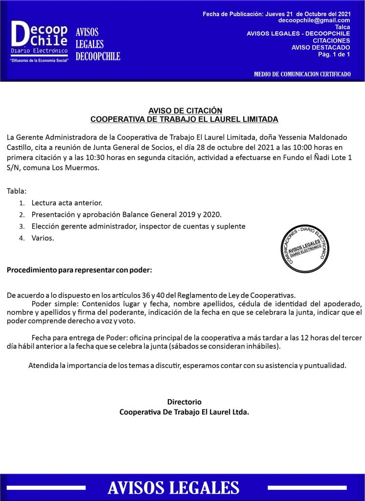 Citación Junta General de Socios Cooperativa de Trabajo El Laurel Ltda. item-thumbnail