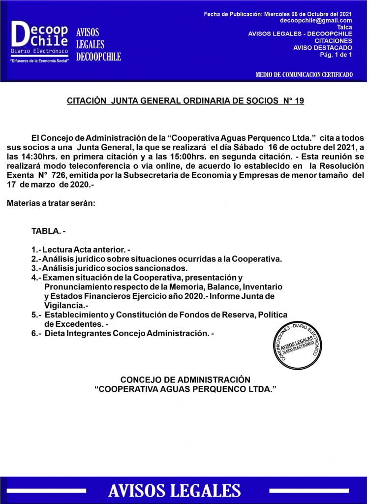 Citación Junta General de Socios Cooperativa Aguas Perquenco Ltda. item-thumbnail
