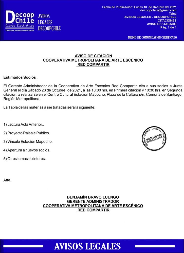 Citación Junta General de Socios Cooperativa Metropolitana de Arte Escénico Red Compartir. item-thumbnail