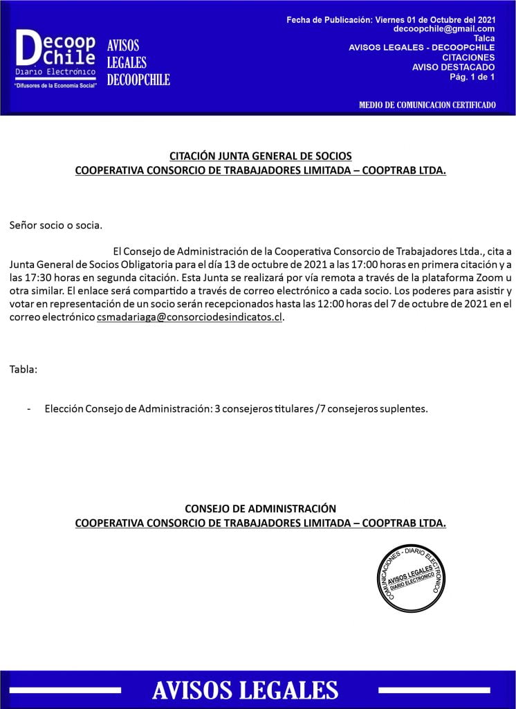 Citación Junta General de Socios Cooperativa Consorcio de Trabajadores Ltda. item-thumbnail