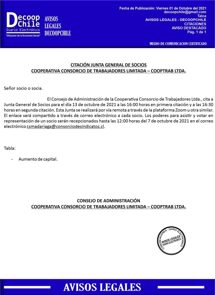 Citación Junta General de Socios Cooperativa Consorcio de Trabajadores Ltda. item-thumbnail