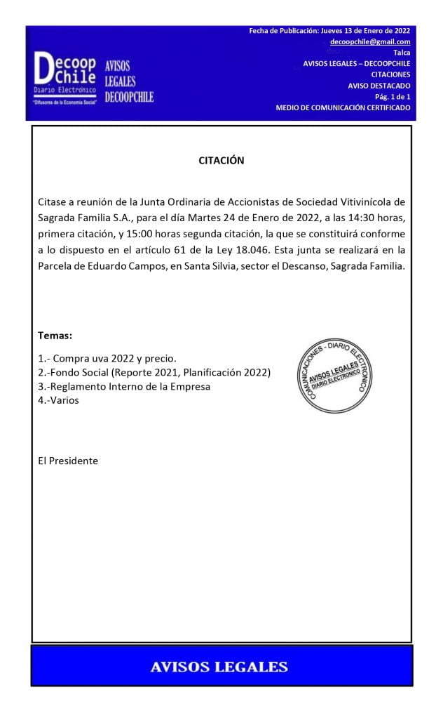 Citación Junta Ordinaria de Accionistas de Sociedad Vitivinícola de Sagrada Familia S.A. item-thumbnail
