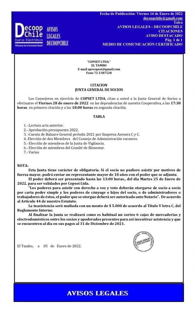 Citación Junta General de Socios Copset Ltda. El Tambo item-thumbnail