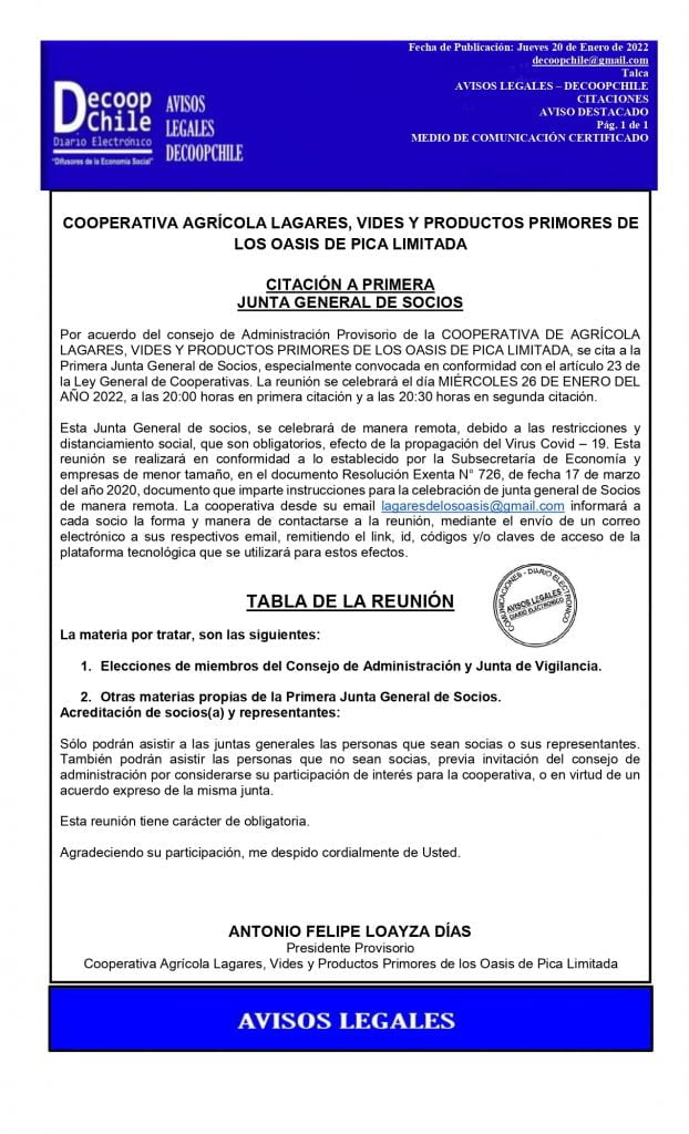 Citación Junta General de Socios Cooperativa Agrícola Lagares, Vides y Productos Primores de los Oasis de Pica Ltda. item-thumbnail