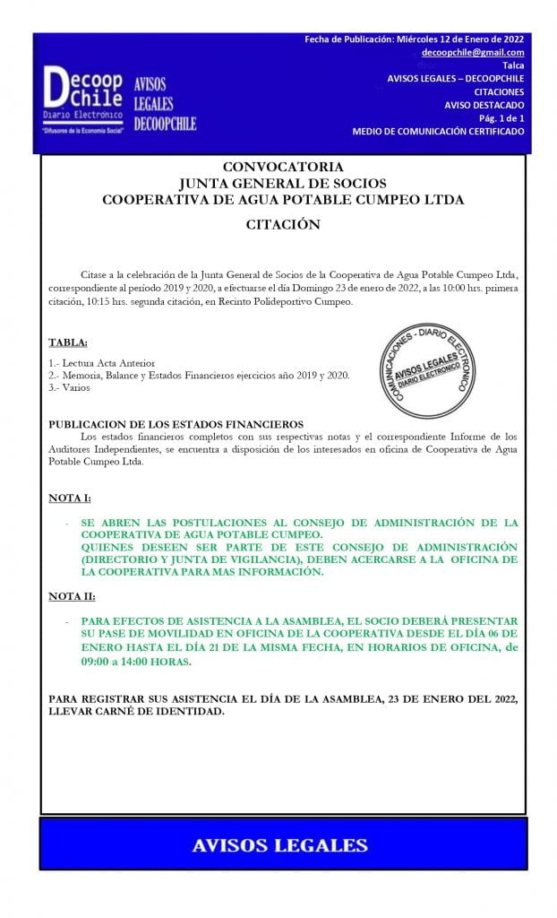 Citación Junta General de Socios Cooperativa de Agua Potable Cumpeo Ltda. item-thumbnail