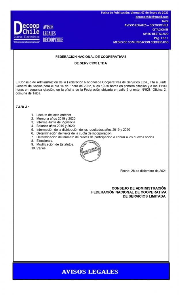 Citación Junta General de Socios Federación Nacional de Cooperativas de Servicios Ltda. item-thumbnail