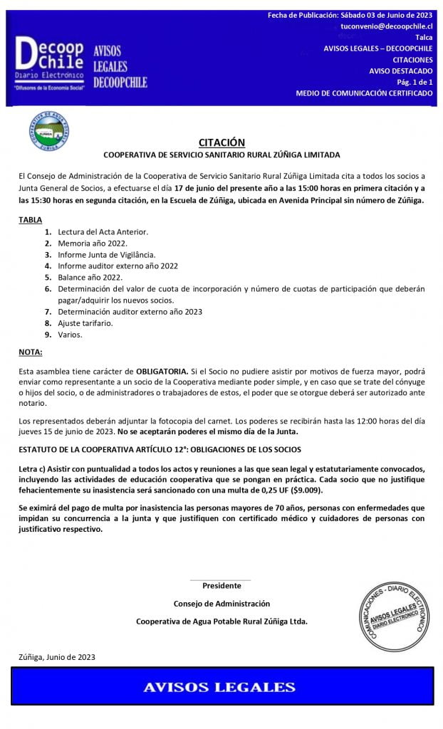 Citación Junta General de Socios Cooperativa de Servicio Sanitario Rural «Zúñiga Ltda» item-thumbnail