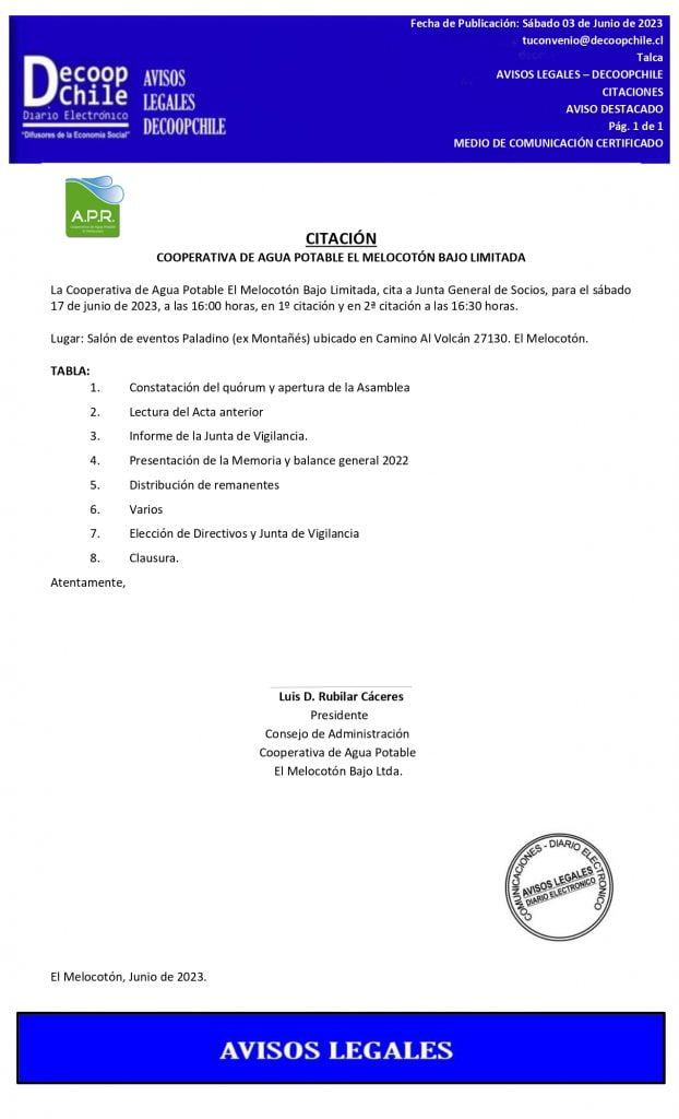 Citación Junta General de Socios Cooperativa de Agua Potable «El Melocotón Bajo Limitada» item-thumbnail