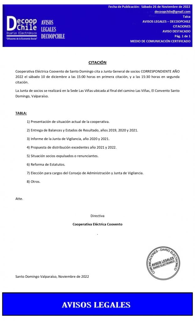 Citación Junta General de Socios, Cooperativa Coovento item-thumbnail