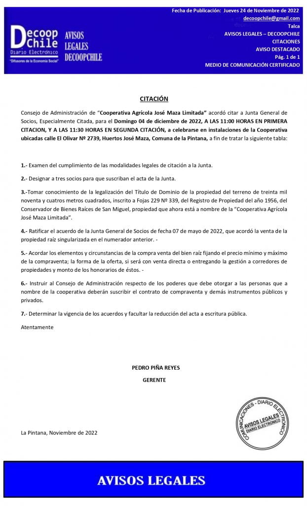 Citación Junta General de Socios Especialmente Citada Cooperativa Agrícola José Maza Ltda. item-thumbnail