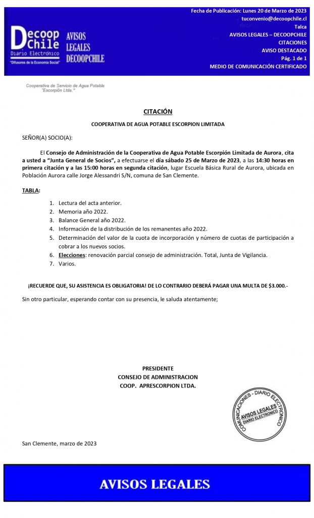 Citación Junta General de Socios Cooperativa de Agua Potable Escorpión Ltda item-thumbnail